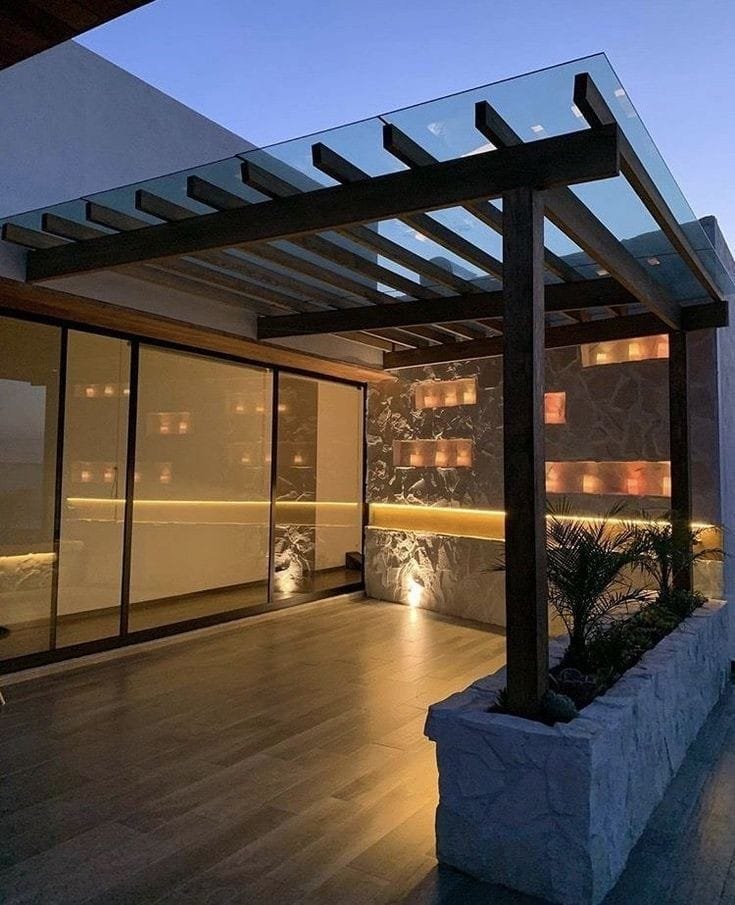 Glass-Roof Pergola with Wood-Finish Steel Beams