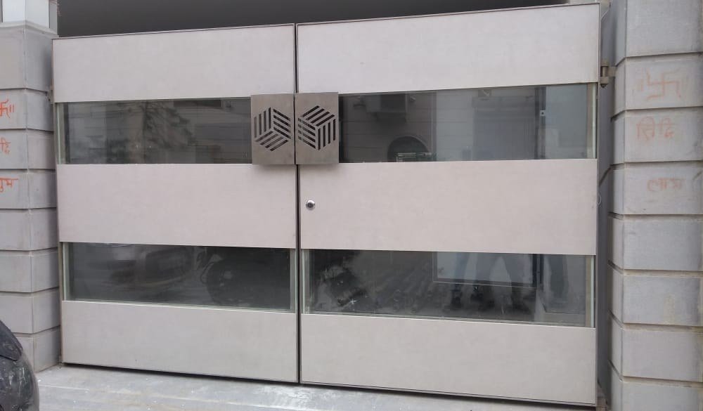 Modern Grey Panel Gate with Glass Strips